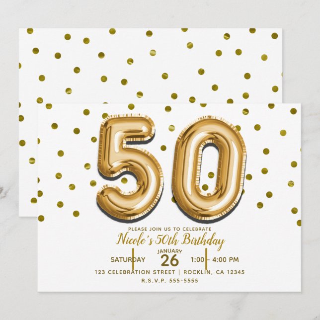 Invitation 50 Ballons Dorés et Confettis Fête d'anniversaire  (Devant / Derrière)