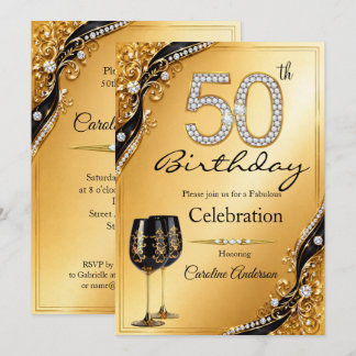 Invitation 50 Élégant Diamant Noir Or Anniversaire