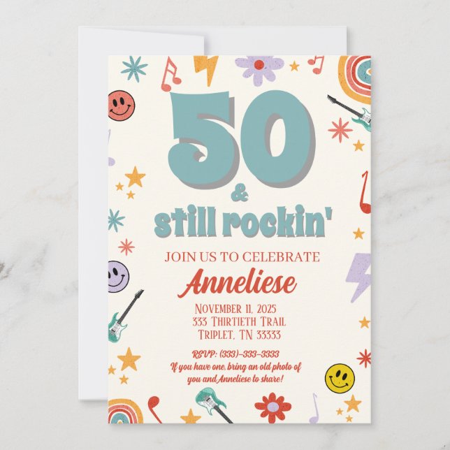 Invitation 50 & Encore Rockin’ Musique Rétro Thème Anniversai (Devant)