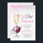 Invitation 50 Et Fabuleuse fête d'anniversaire<br><div class="desc">Une soirée de 50 ans moderne et raffinée,  avec une coupe de champagne fleurie,  un parfum de parties scintillant,  et de la typographie rose et noire de calligraphie.</div>