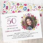 Invitation 50 et fabuleuse fête d'anniversaire de la photo fl<br><div class="desc">50 et Fabulous joli moderne botanique floral aquarelle couronne autour de la photo de la fille d'anniversaire. L'arrière présente un motif floral sur toute la longueur. Changez la photo,  les détails et même l'âge pour customiser. Crédit photo : Photographie © Storytree Studios,  Stanford,  CA</div>