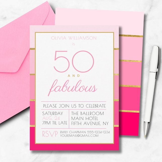 Invitation 50 et fabuleuse fête d'anniversaire en or rose (50 and fabulous, modern pink and gold, fiftieth birthday party invitation. 50th birthday party)