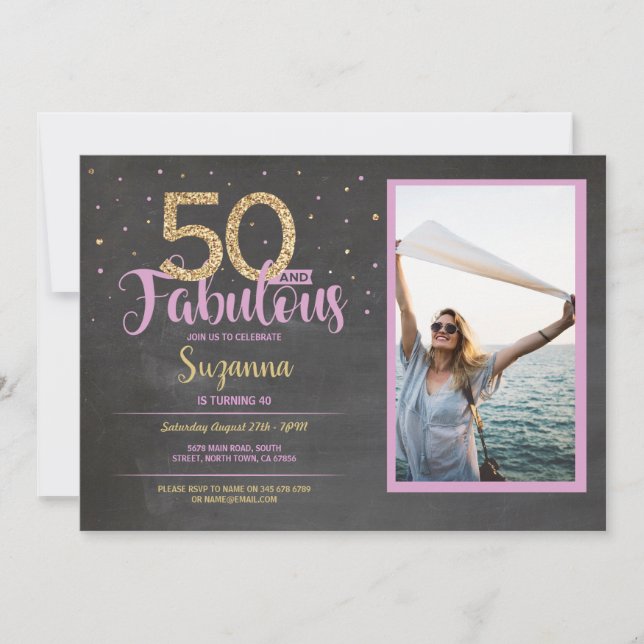 Invitation 50 et fabuleuse fête d'anniversaire rose 50e Gold  (Devant)