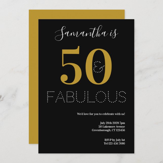 Invitation 50 et fabuleux 50e anniversaire Black Gold Party (Devant / Derrière)