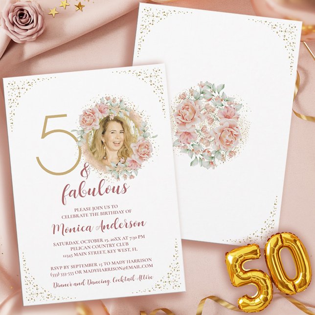 Invitation 50 et fabuleux 50e anniversaire Parties scintillan (50 and Fabulous Pink Floral Gold Photo Birthday Invitation)