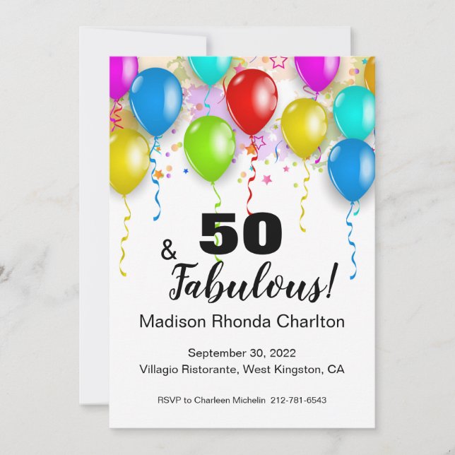 Invitation 50 et fabuleux anniversaire Bright Balloon Invitat (Devant)