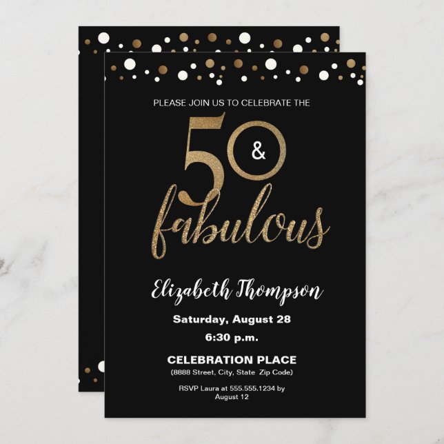 Invitation 50 et fabuleux Anniversaire Gold et Black Confetti (Devant / Derrière)
