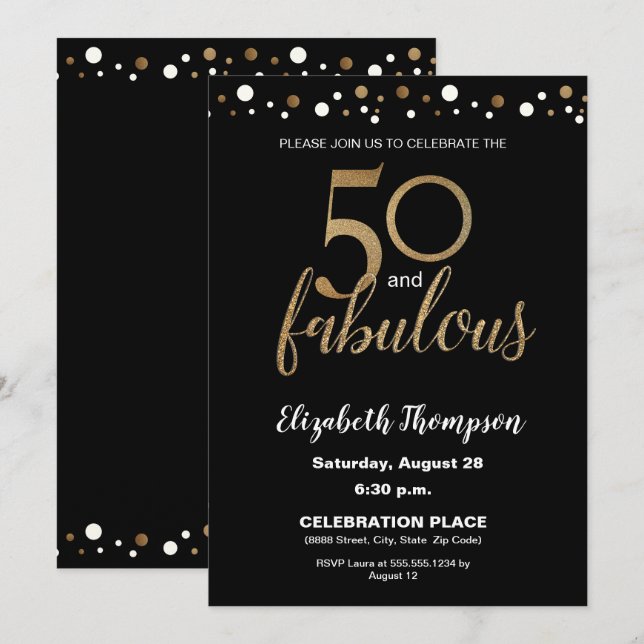 Invitation 50 et fabuleux anniversaire Gold et Black Confetti (Devant / Derrière)