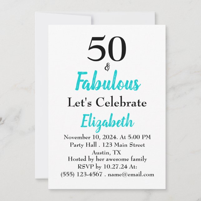 Invitation 50 et Fabuleux anniversaire Turquoise (Devant)