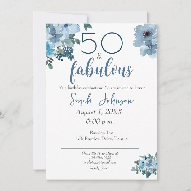 Invitation 50 et Fabuleux bleu floral Elégant aquarelle (Devant)