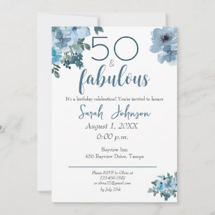 Invitation 50 et Fabuleux bleu floral Elégant aquarelle