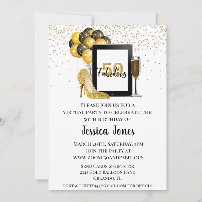 Invitation 50 et fabuleux Cinquante Virtual Birthday Gold (Devant)