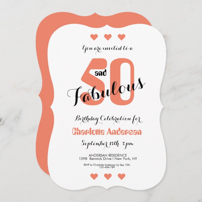 Invitation 50 et fabuleux Coral Hearts 50e fête d'anniversair (Devant / Derrière)