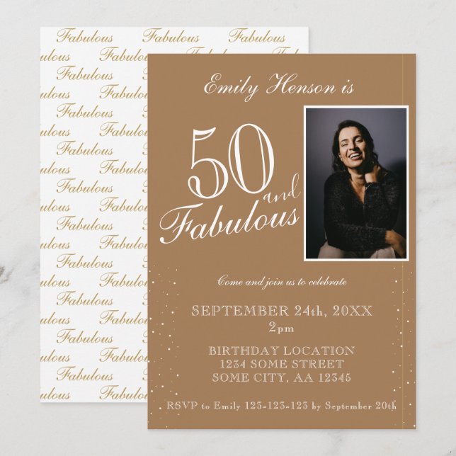 Invitation 50 et fabuleux Elegant Beige Photo Anniversaire (Devant / Derrière)