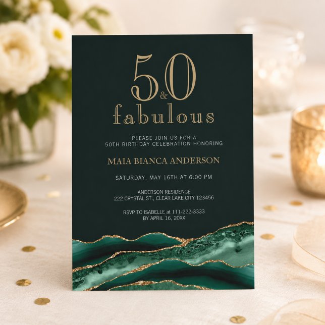 Invitation 50 et fabuleux Emerald Green Agate 50e anniversair (Emerald green agate invitation with elegant gold details for a fabulous 50th.)