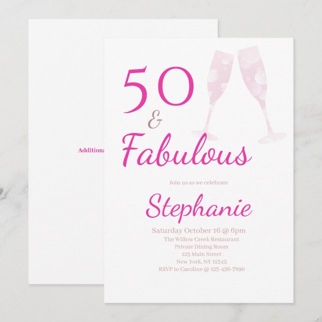 Invitation 50 et Fabuleux | Fête d'anniversaire 50 ans Rose (Devant / Derrière)
