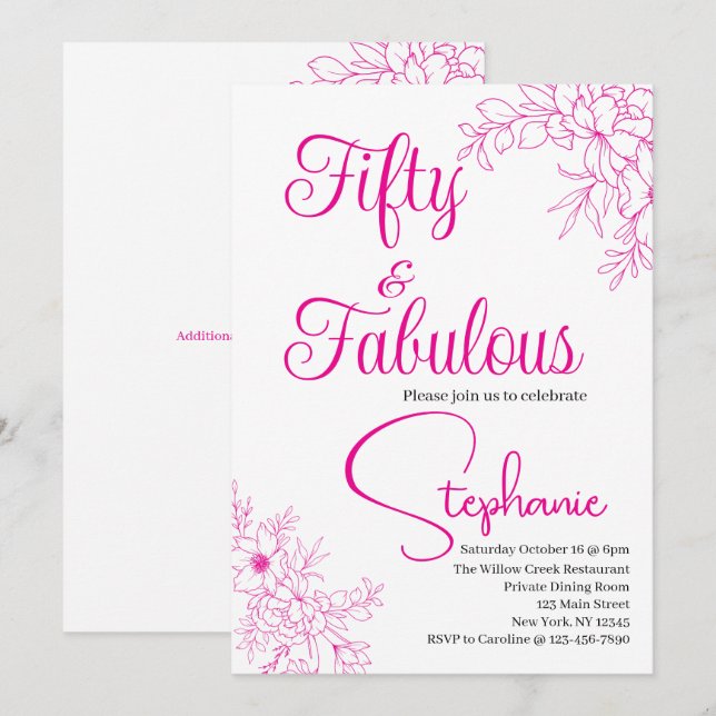 Invitation 50 et Fabuleux | Fête d'anniversaire 50 ans Rose (Devant / Derrière)