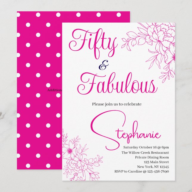 Invitation 50 et Fabuleux | Fête d'anniversaire 50 ans Rose (Devant / Derrière)