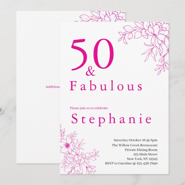 Invitation 50 et Fabuleux | Fête d'anniversaire 50 ans Rose (Devant / Derrière)
