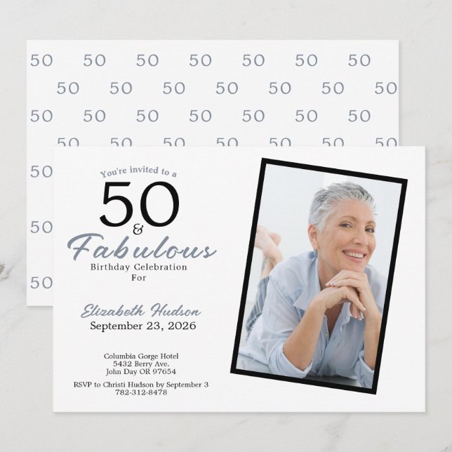 Invitation 50 et Fabuleux Fête d'anniversaire 50 Bleu  (Devant / Derrière)