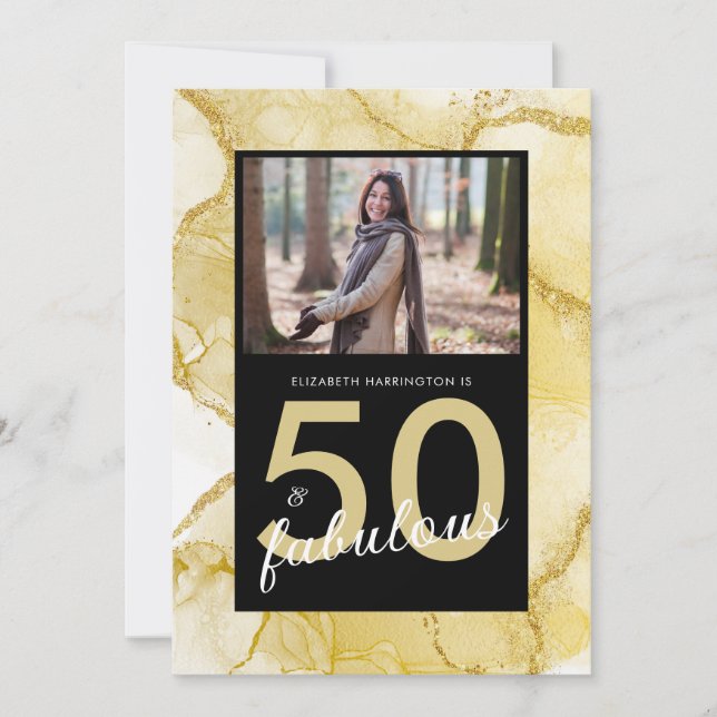 Invitation 50 Et Fabuleux Gold Black Photo Anniversaire (Devant)