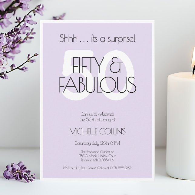 Invitation 50 et fabuleux Moderne Cinquante ans Anniversaire  (50 and fabulous Modern Purple Fifty Birthday Party Invitation for Her)