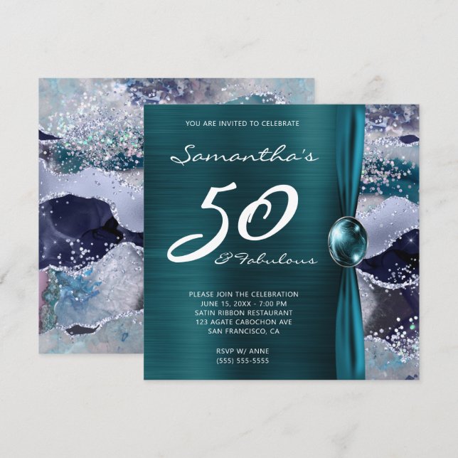 Invitation 50 et fabuleux Ocean Blue Agate Turquoise Annivers (Devant / Derrière)