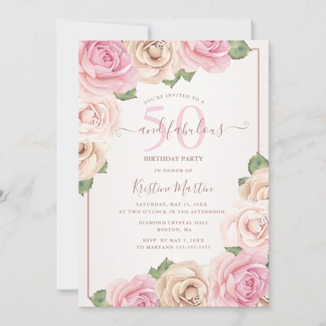 Invitation 50 et fabuleux Rose Gold Floral fête d'anniversair (Devant)