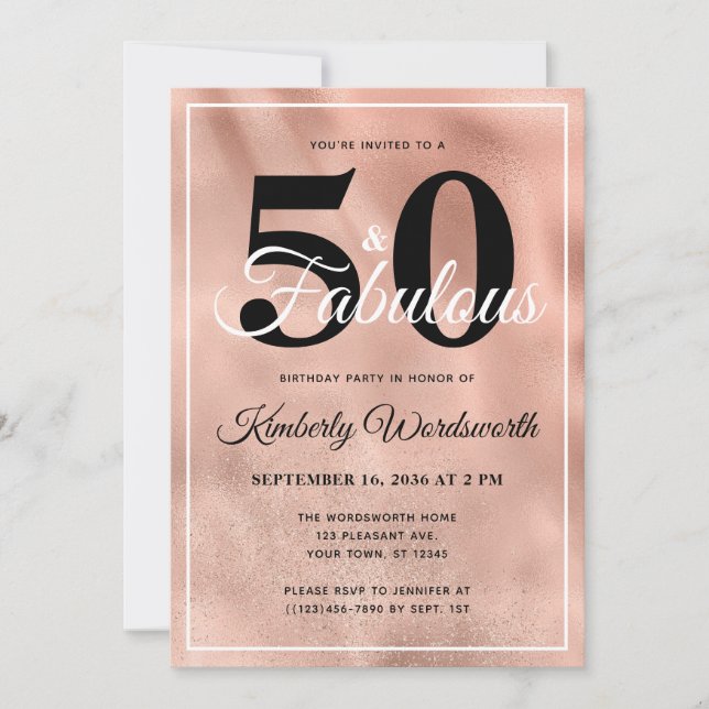 Invitation 50 et fabuleux Rose Gold Glam fête d'anniversaire (Devant)