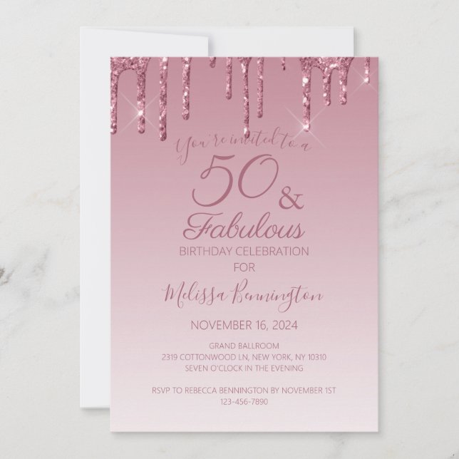 Invitation 50 et fabuleux Rose Gold rose Parties scintillant  (Devant)