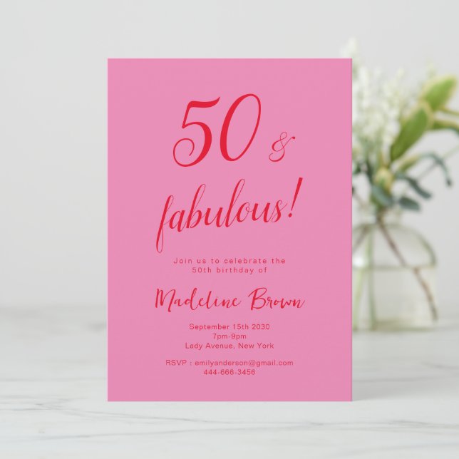 Invitation 50 et fabuleux rose rouge moderne 50e anniversaire (Debout devant)