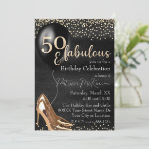 Invitation 50 et Fabuleux Talons Hauts Dorés sur Fond Noir