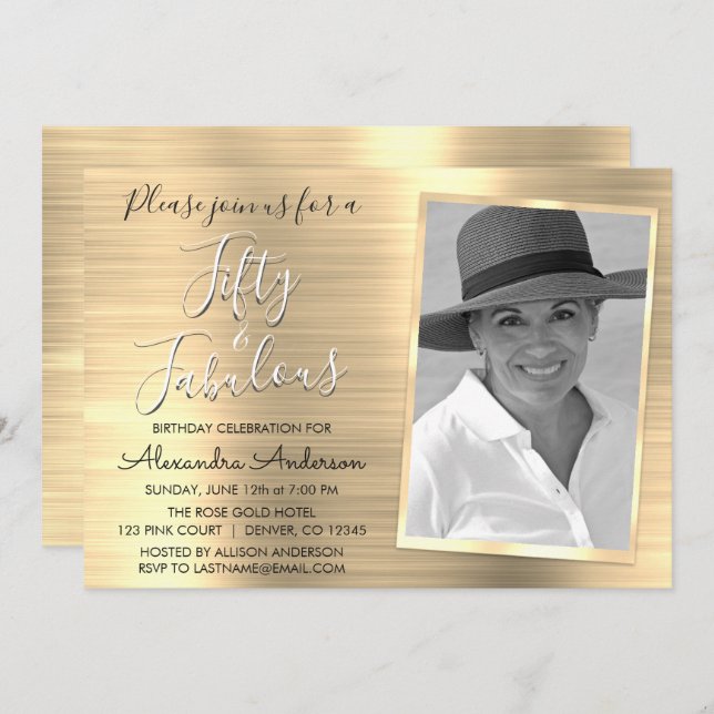 Invitation 50 et Fabulous Elegant Gold Photo (Devant / Derrière)