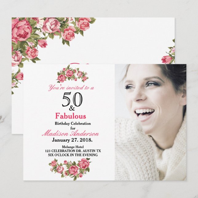 Invitation 50 et Fabulous Floral | 50e anniversaire Invitatio (Devant / Derrière)