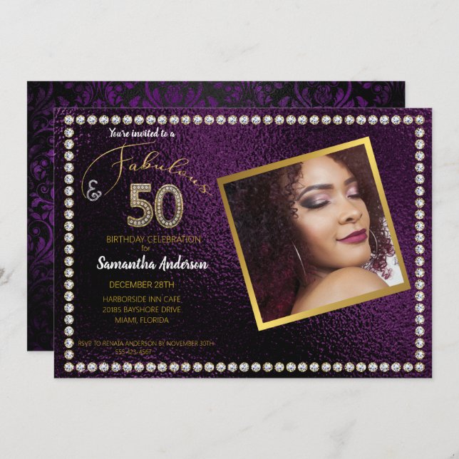 Invitation 50 et Fabulous Purple Bling 50e anniversaire (Devant / Derrière)
