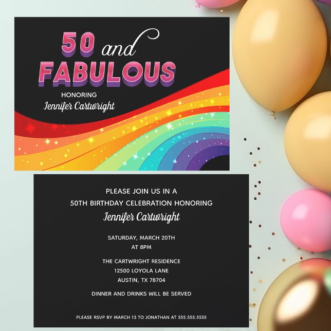 Invitation 50 et Fabulous Rainbow Sparkle texte rose Annivers (Créateur téléchargé)