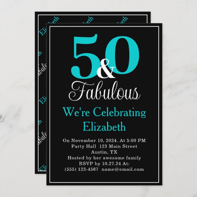 Invitation 50 et Fabulous Turquoise Blue sur Black (Devant / Derrière)