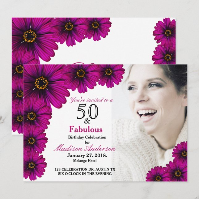 Invitation 50 et Fabulous violet Floral 50e Photo Anniversair (Devant / Derrière)