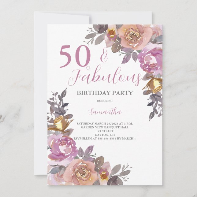 Invitation 50 et Fabulous Watercolor Floral Birthday Party (Devant)