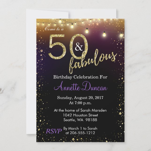 Invitation 50 et fête d'anniversaire fabuleuse de lumières et (Devant)