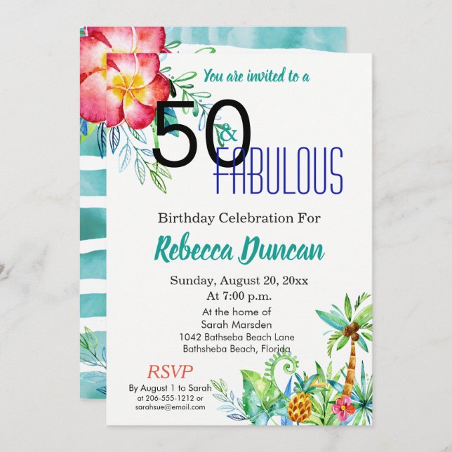 Invitation 50 et fête d'anniversaire florale tropicale (Devant / Derrière)