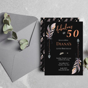 Invitation 50 & Fab 50e anniversaire Black Orange Boho Feathe