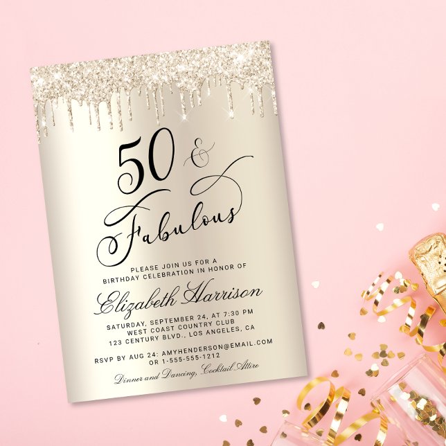 Invitation 50 Fabuleuse Parties scintillant Champagne Gold An (Celebrate her 50 years of sparkle with an elegant gold glitter birthday party invitation  🎉 🎂 🥂)