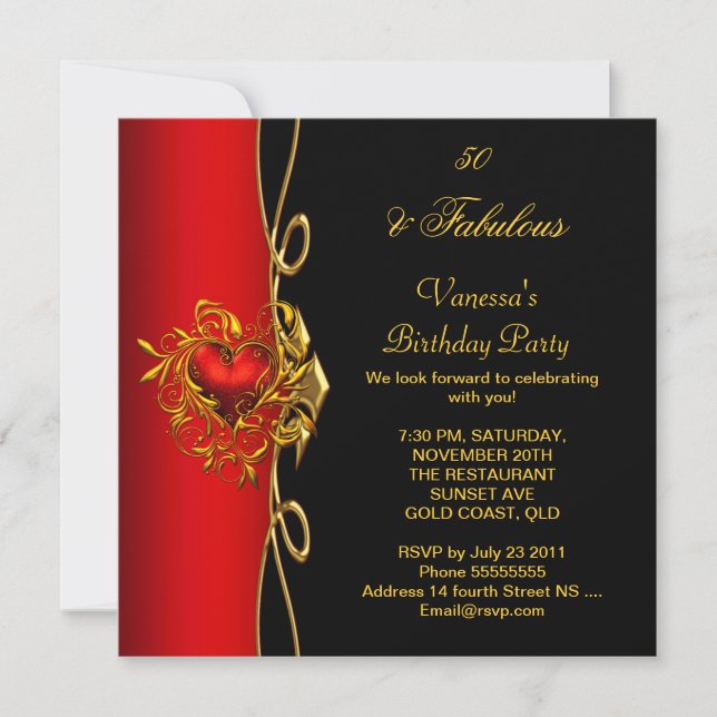 Invitation 50 & Fabuleux 50e Anniversaire Rouge Cœurs Dorés (Devant)