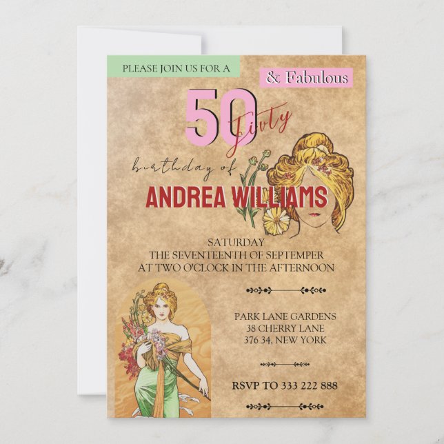 Invitation 50 Fabuleux, Anniversaire, Art, Déesse de printemp (Devant)