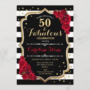 Invitation 50 fabuleux Anniversaire - Blancs noirs Roses