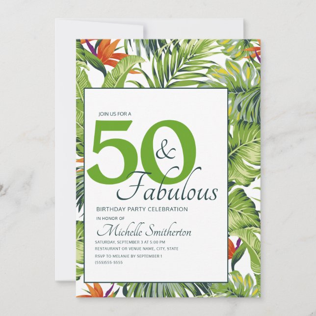 Invitation 50 Fabuleux anniversaire Feuilles tropicaux rose o (Devant)