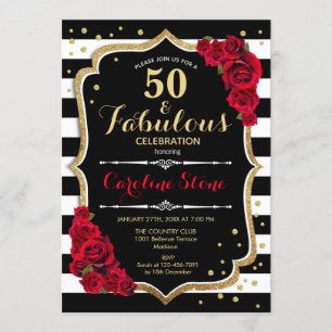 Invitation 50 Fabuleux anniversaire - Rose Black White Stripe