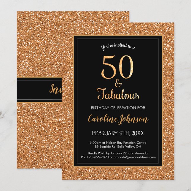 Invitation 50 & Fabuleux Anniversaire Sparkly Gold Parties sc (Devant / Derrière)