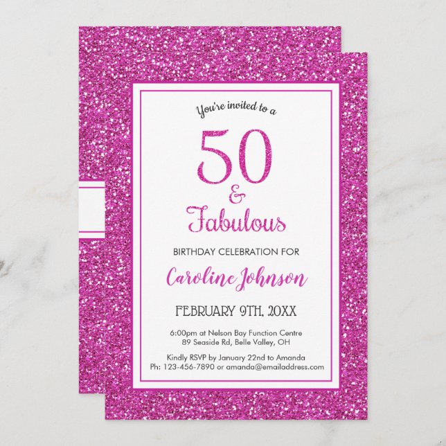 Invitation 50 & Fabuleux anniversaire Sparkly Pink Parties sc (Devant / Derrière)